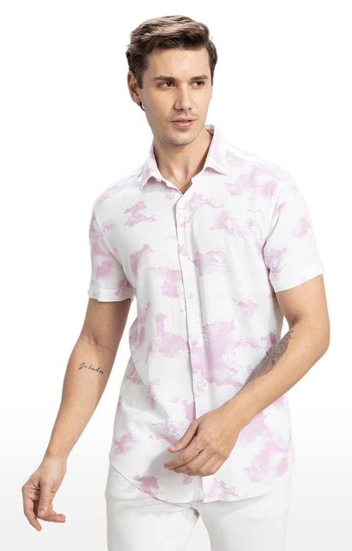SNITCH | Men's White and Pink Rayon Printed Casual Shirt