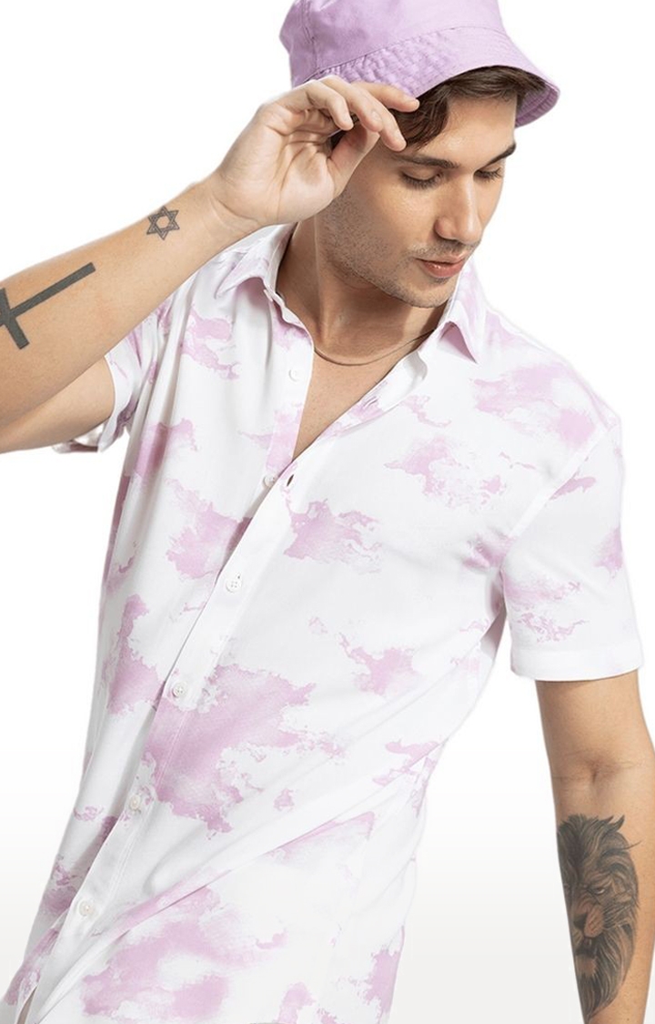 Men's White and Pink Rayon Printed Casual Shirt