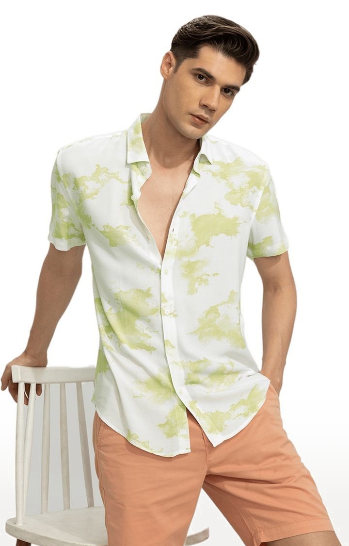 Men's White and Green Rayon Printed Casual Shirt