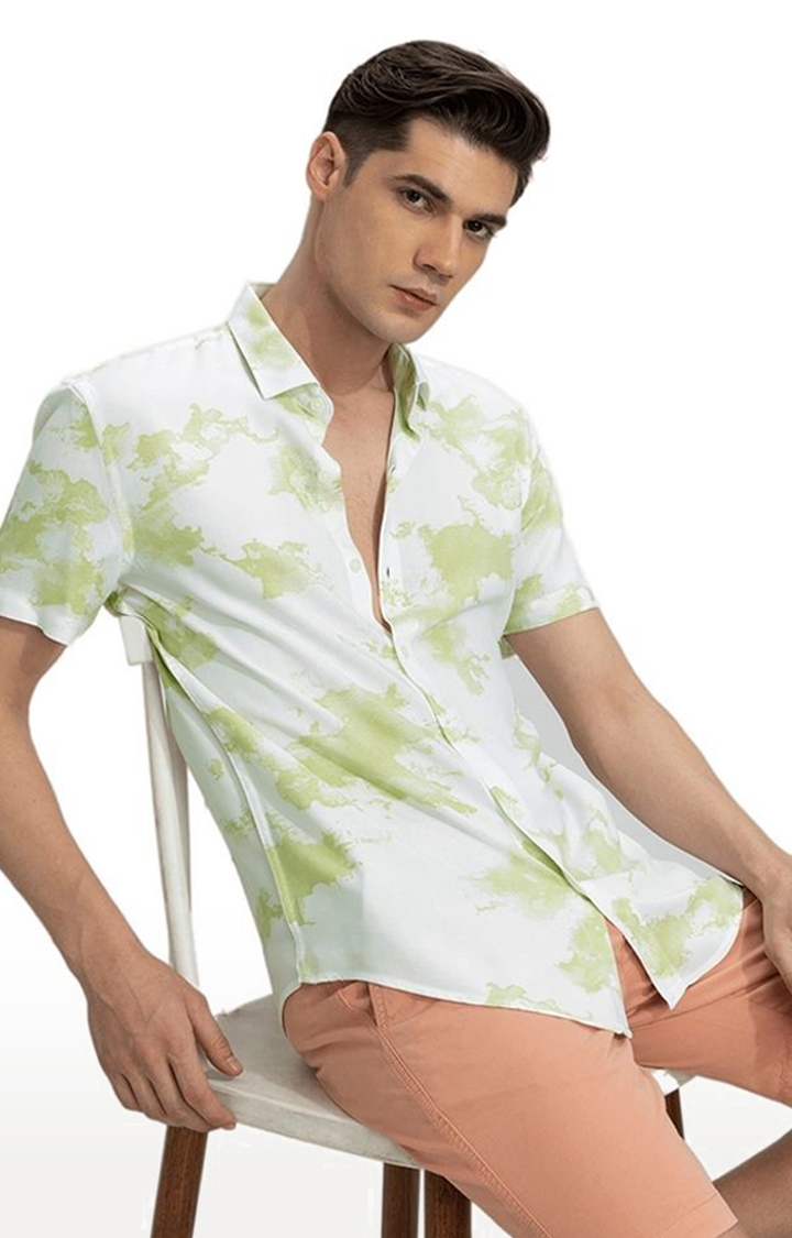 Men's White and Green Rayon Printed Casual Shirt