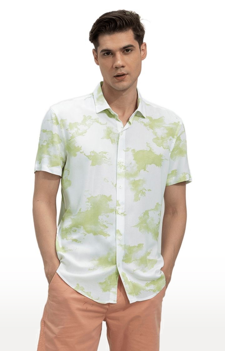 SNITCH | Men's White and Green Rayon Printed Casual Shirt