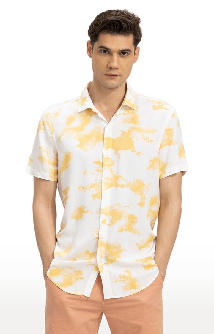 Men's White and Yellow Rayon Printed Casual Shirt