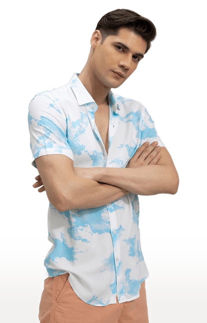 SNITCH | Men's White and Blue Rayon Printed Casual Shirt