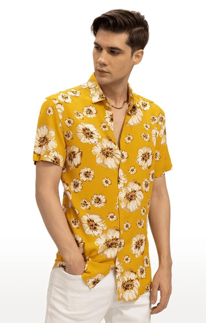 Men's Yellow Rayon Floral Printed Casual Shirt