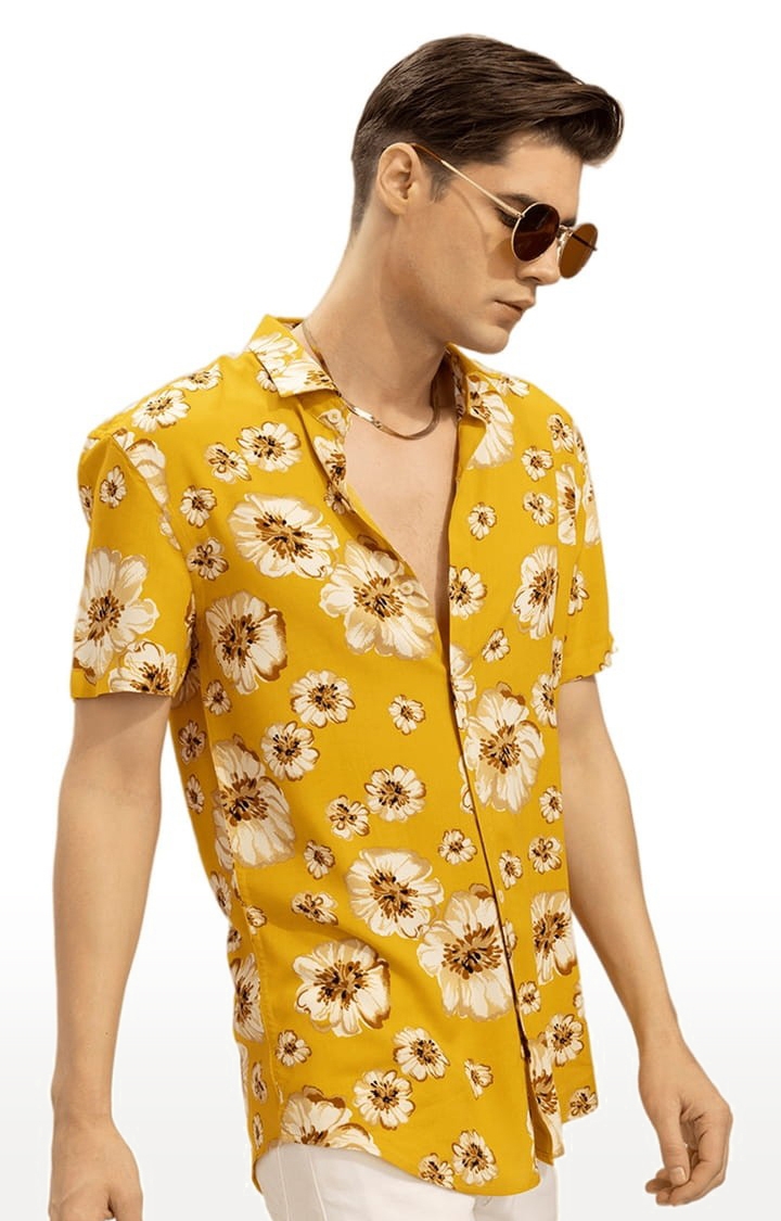 Men's Yellow Rayon Floral Printed Casual Shirt