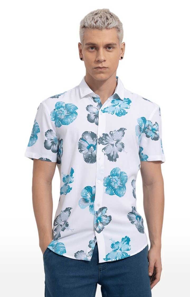 Men's White Rayon Floral Printed Casual Shirt
