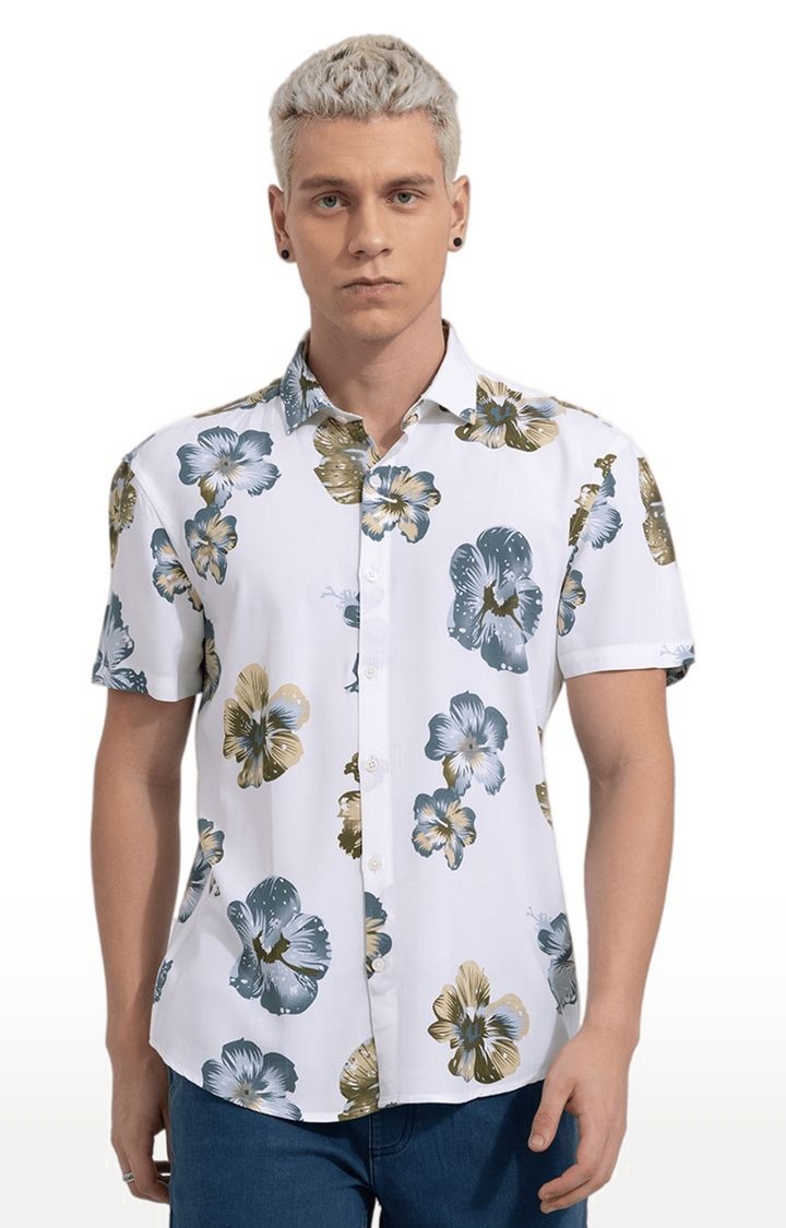 Men's White Rayon Floral Printed Casual Shirt