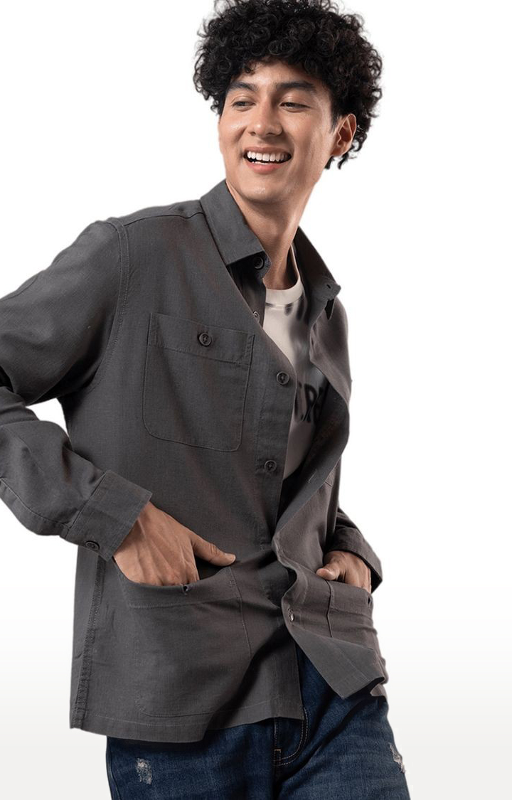 Men's Grey Cotton Solid Casual Shirt