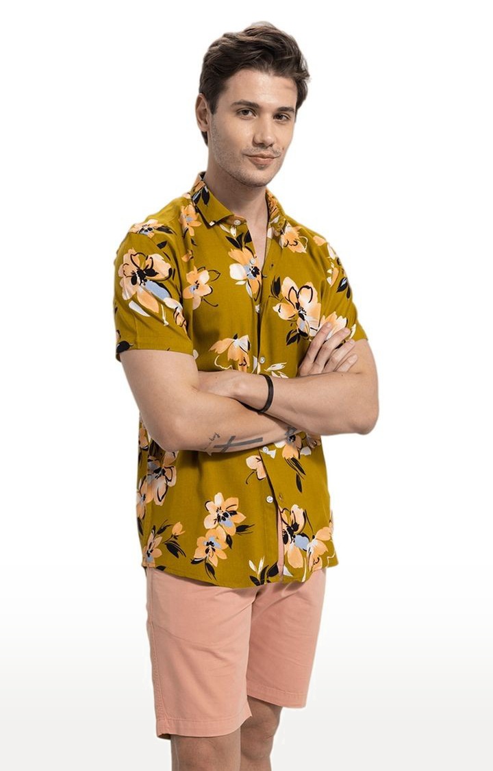 Men's Yellow Rayon Floral Printed Casual Shirt