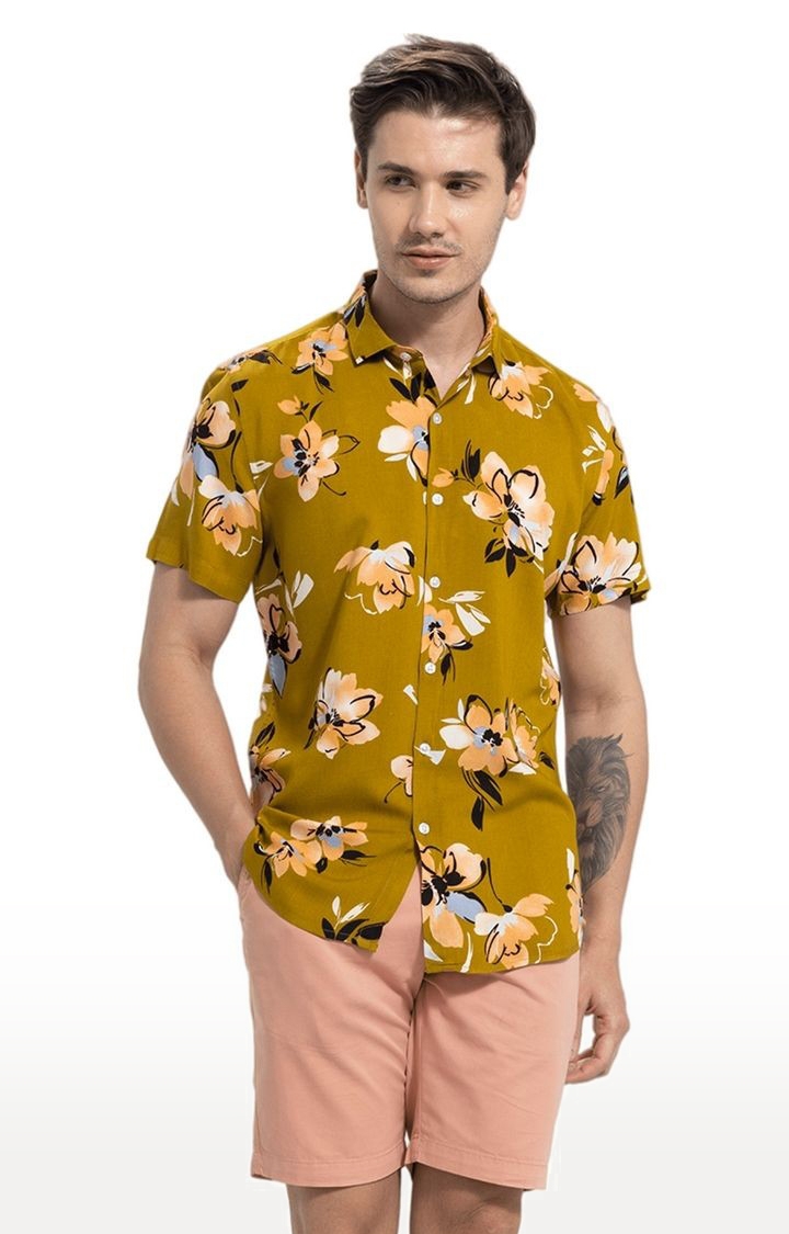 SNITCH | Men's Yellow Rayon Floral Printed Casual Shirt