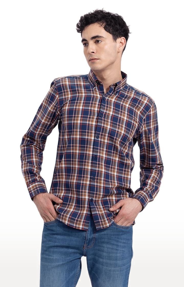 SNITCH | Men's Blue Cotton Checked Casual Shirt