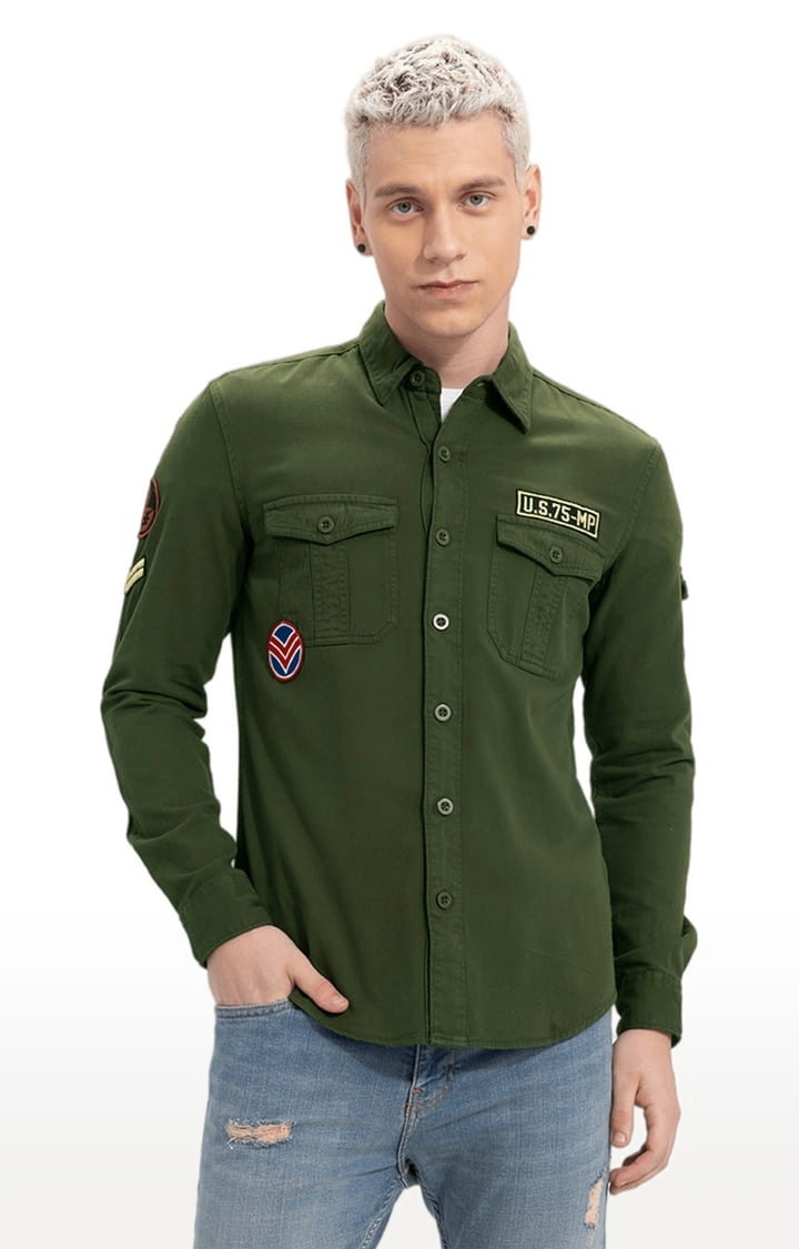 Men's Olive Green Cotton Solid Casual Shirt