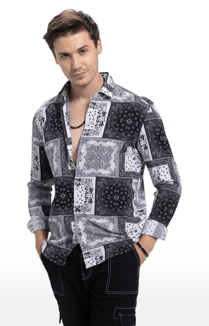 SNITCH | Men's Black and Grey Rayon Printed Casual Shirt