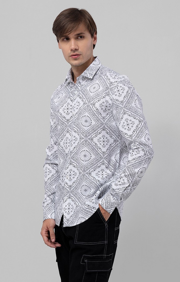 Men's White Rayon Printed Casual Shirt
