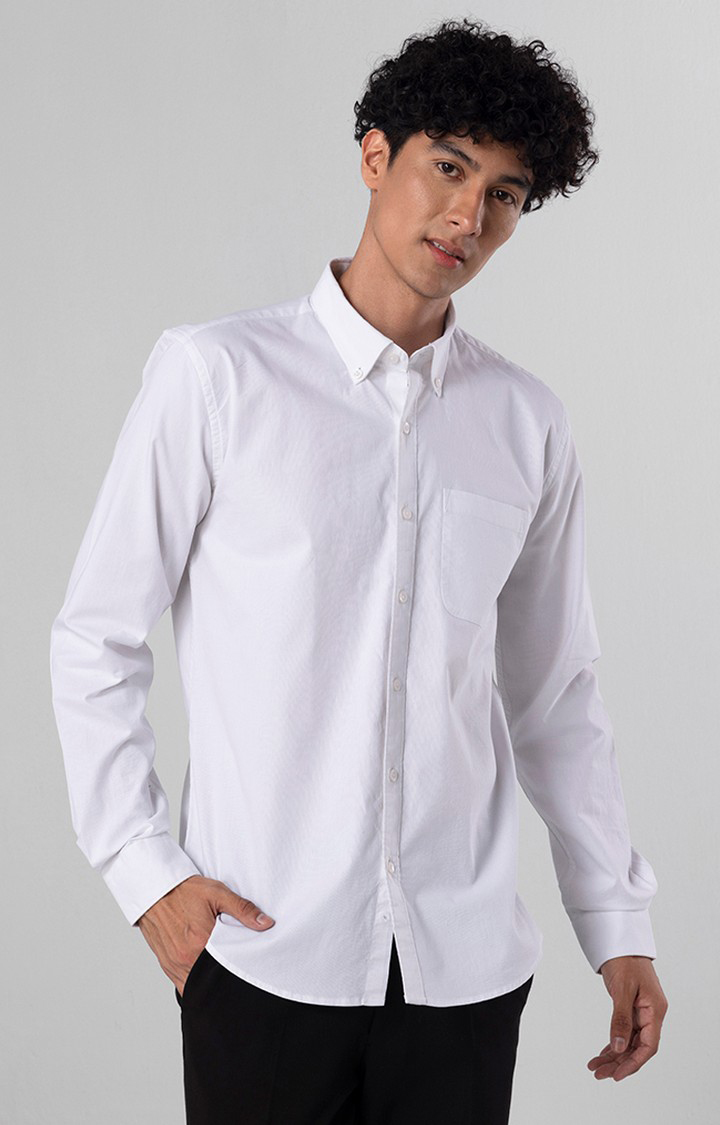 Men's White Cotton Solid Casual Shirt