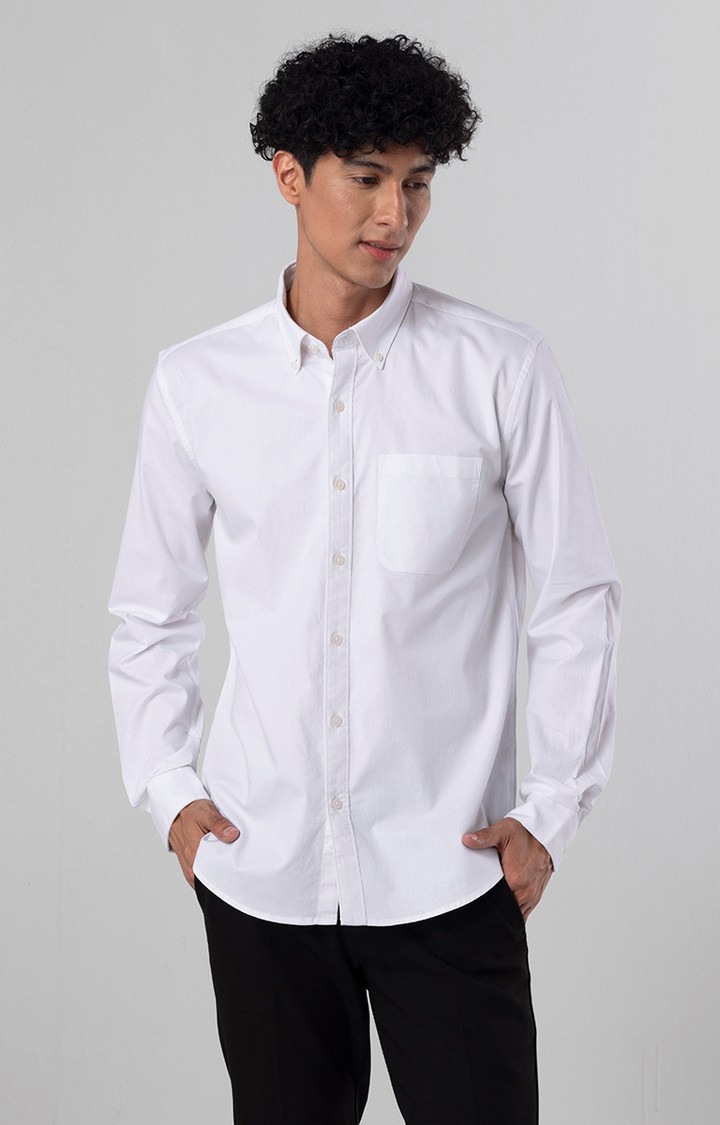 Men's White Cotton Solid Casual Shirt