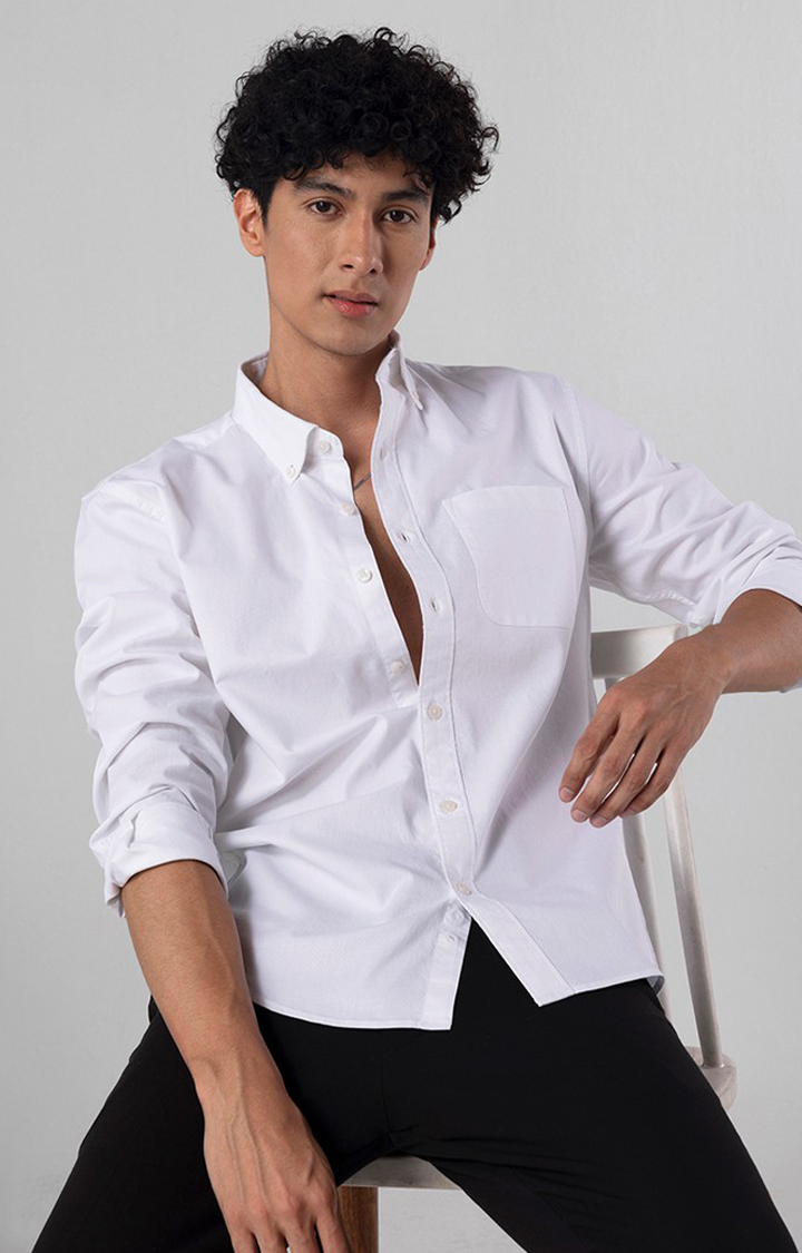 Men's White Cotton Solid Casual Shirt