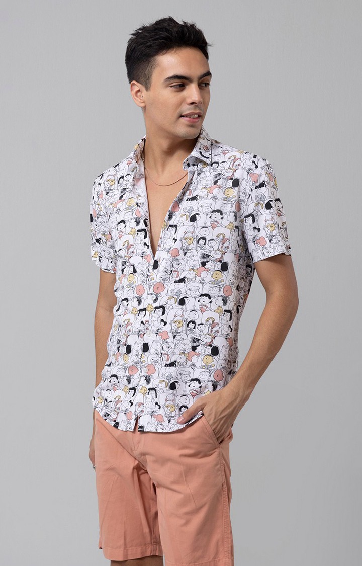 Men's White Rayon Printed Casual Shirt