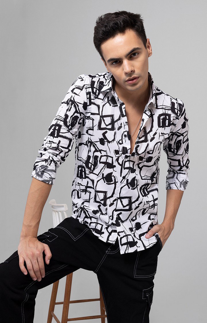 Men's White and Black Rayon Printed Casual Shirt
