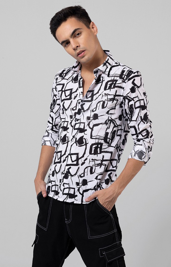Men's White and Black Rayon Printed Casual Shirt