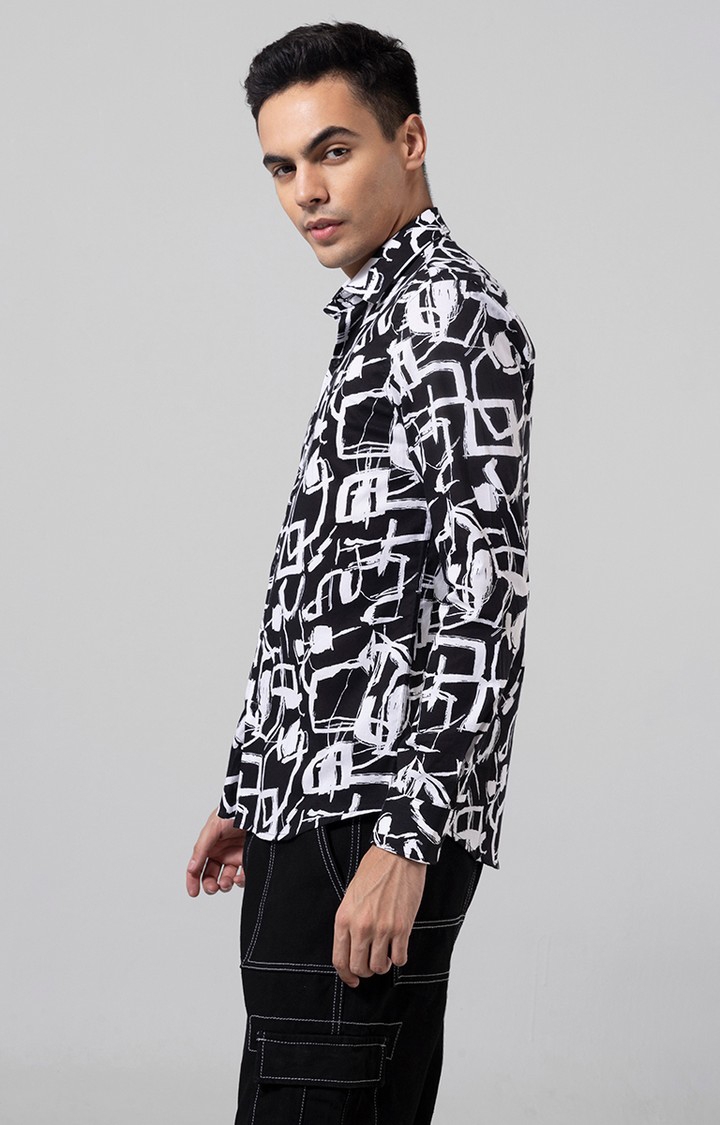 SNITCH | Men's Black and White Rayon Printed Casual Shirt 2