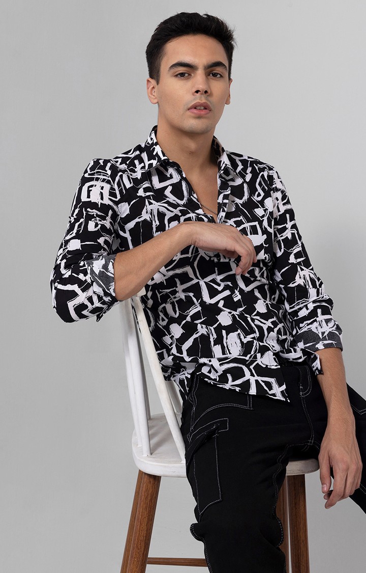SNITCH | Men's Black and White Rayon Printed Casual Shirt 0