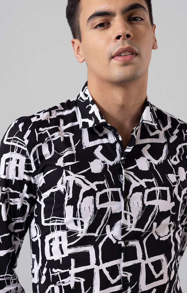 SNITCH | Men's Black and White Rayon Printed Casual Shirt 4