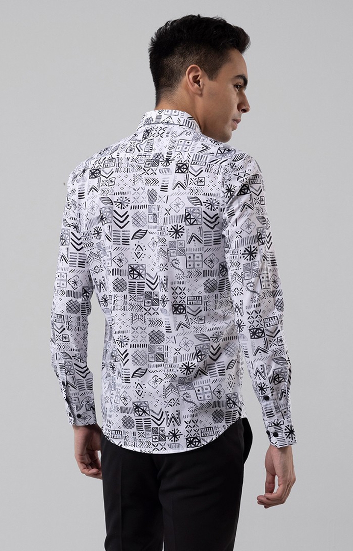 Men's White and Black Rayon Printed Casual Shirt