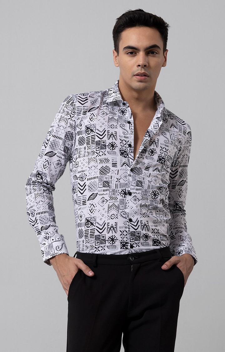 Men's White and Black Rayon Printed Casual Shirt