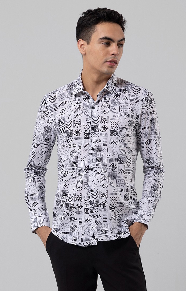 SNITCH | Men's White and Black Rayon Printed Casual Shirt