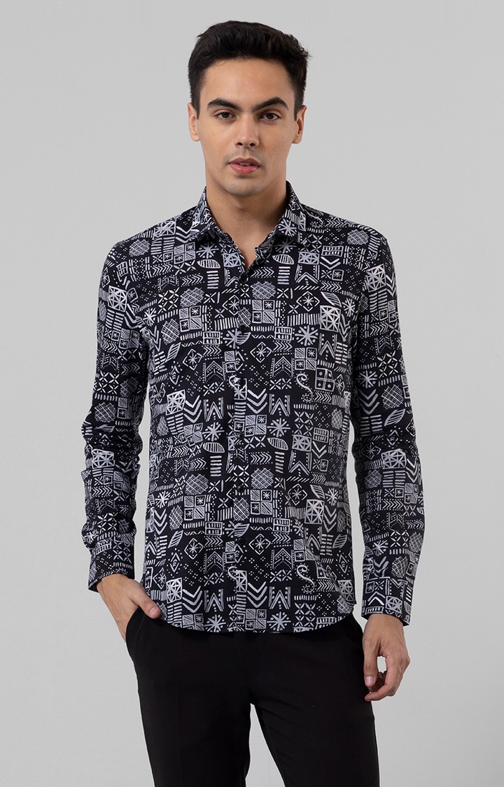 SNITCH | Men's Black and White Rayon Printed Casual Shirt