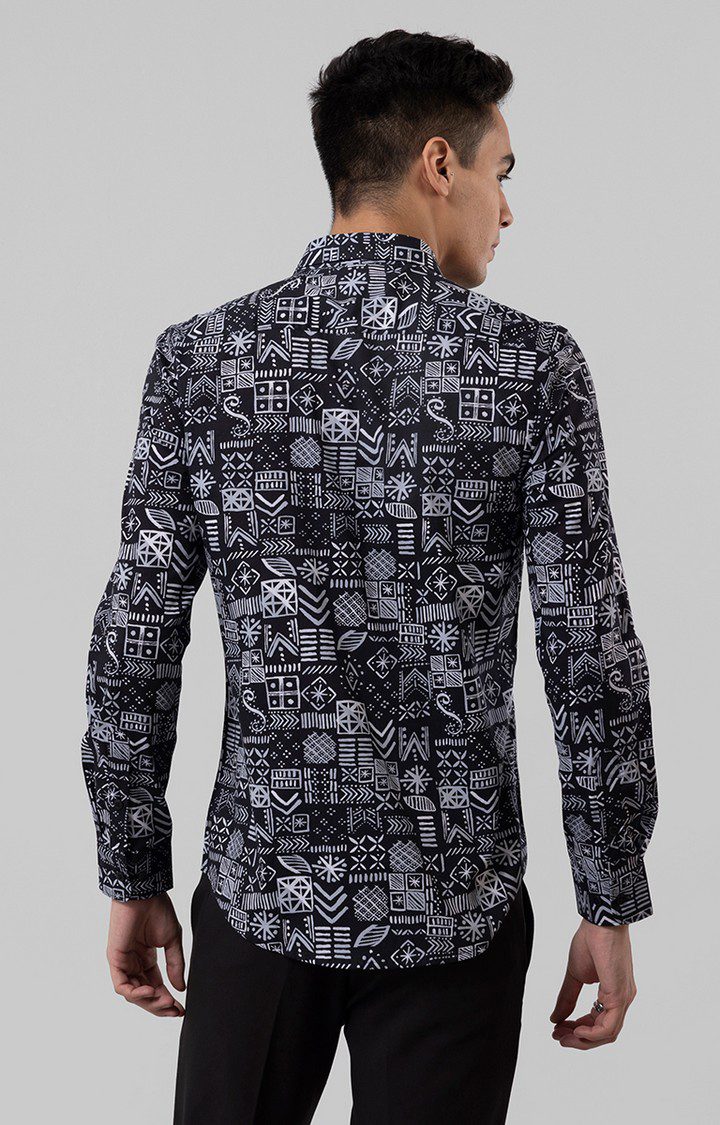 Men's Black and White Rayon Printed Casual Shirt