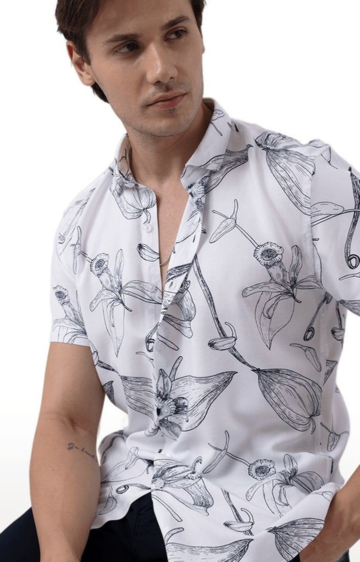 Men's White Rayon Printed Casual Shirt