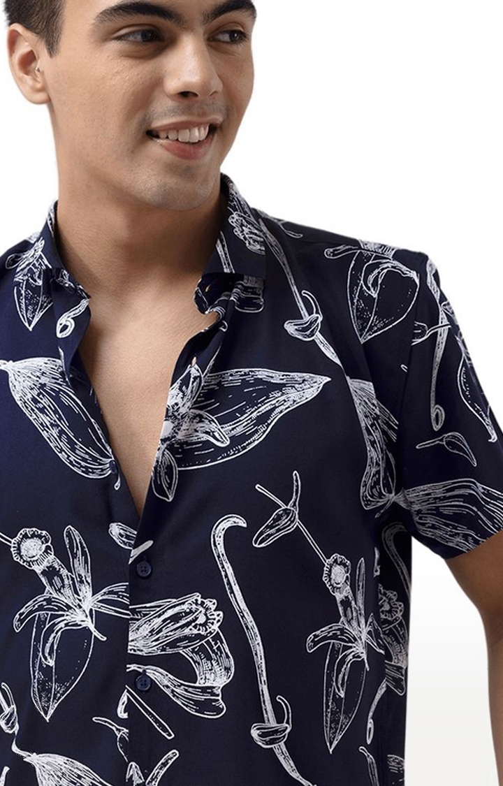 Men's Navy Blue Rayon Printed Casual Shirt