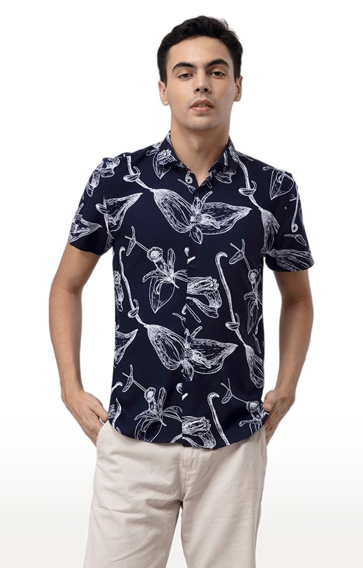 SNITCH | Men's Navy Blue Rayon Printed Casual Shirt