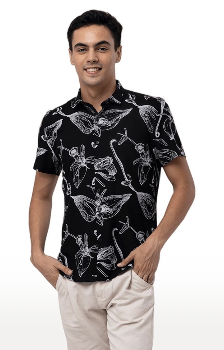 Men's Black Rayon Printed Casual Shirt