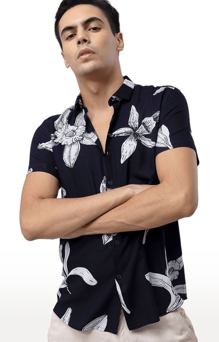 Men's Navy Blue and White Rayon Printed Casual Shirt
