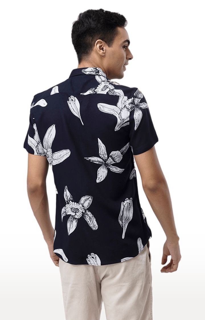 Men's Navy Blue and White Rayon Printed Casual Shirt