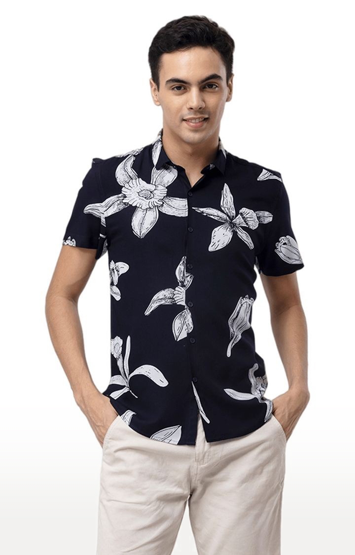 SNITCH | Men's Navy Blue and White Rayon Printed Casual Shirt