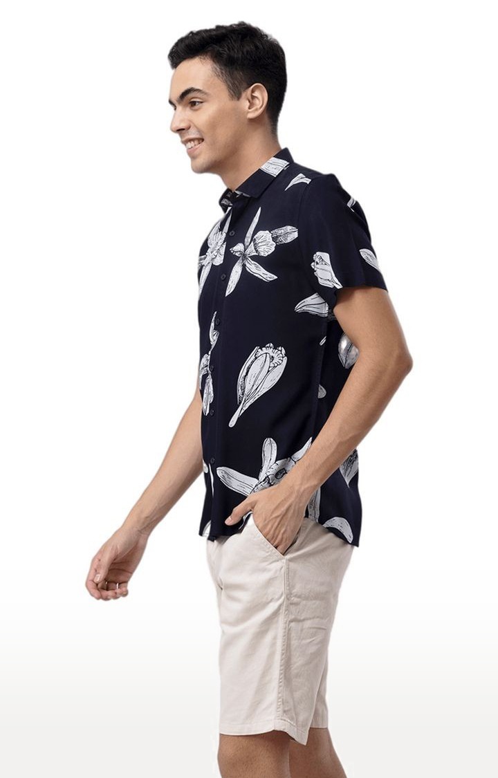 Men's Navy Blue and White Rayon Printed Casual Shirt