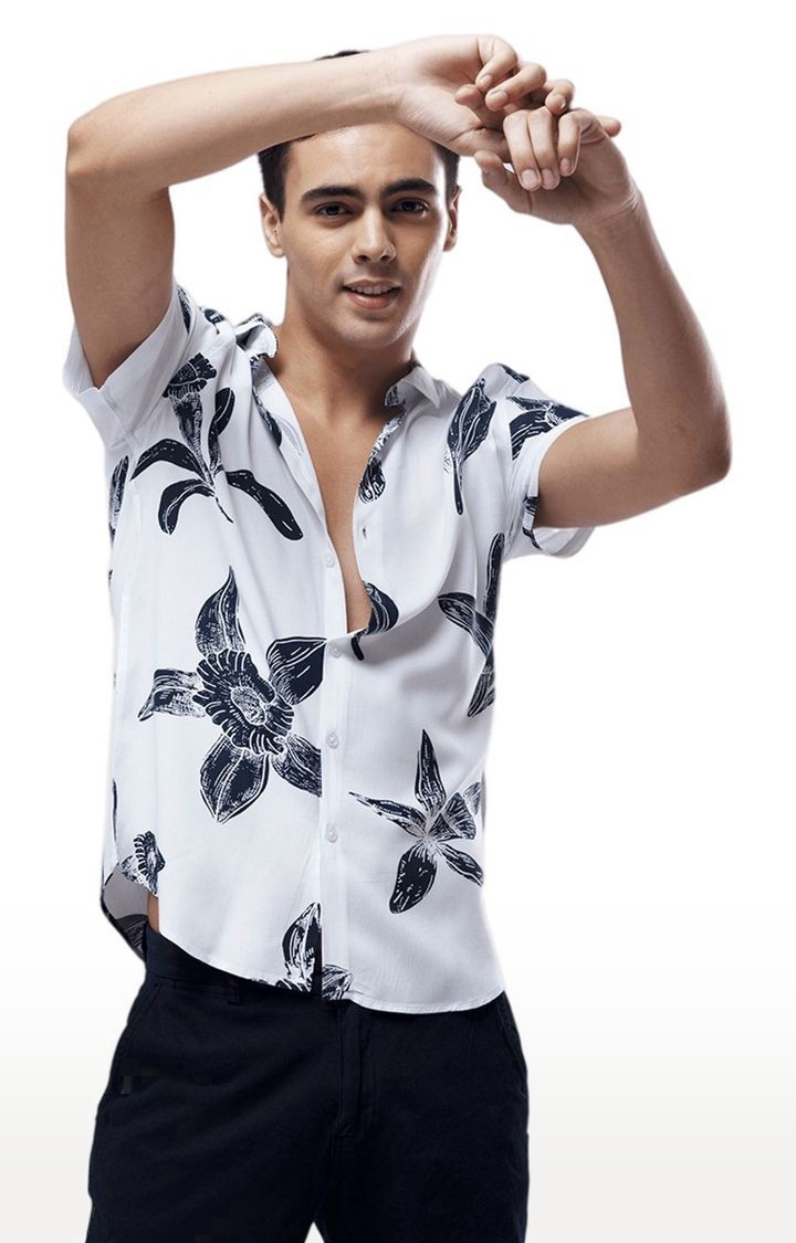 Men's White Rayon Printed Casual Shirt