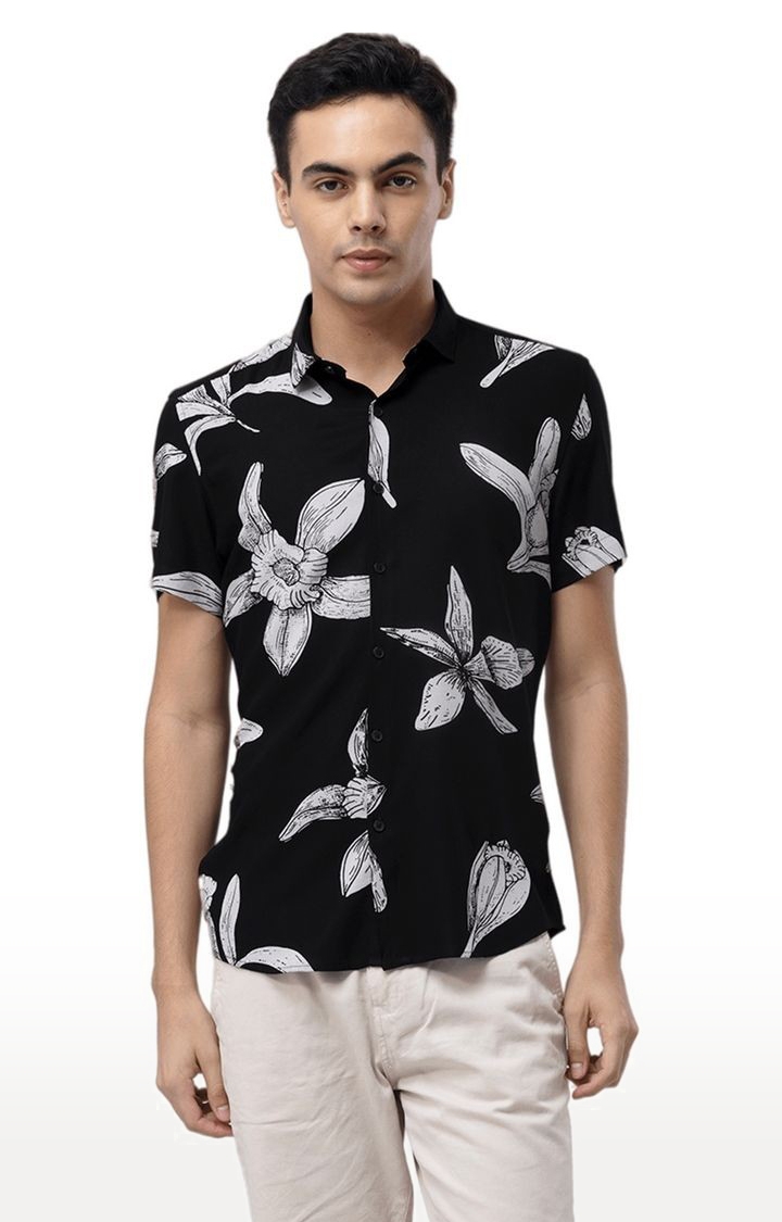 Men's Black Rayon Printed Casual Shirt