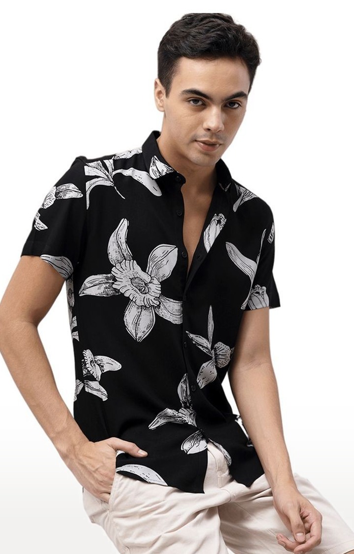 Men's Black Rayon Printed Casual Shirt