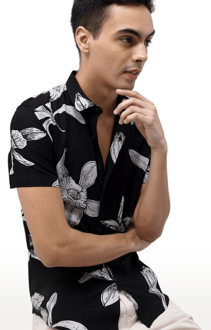 Men's Black Rayon Printed Casual Shirt