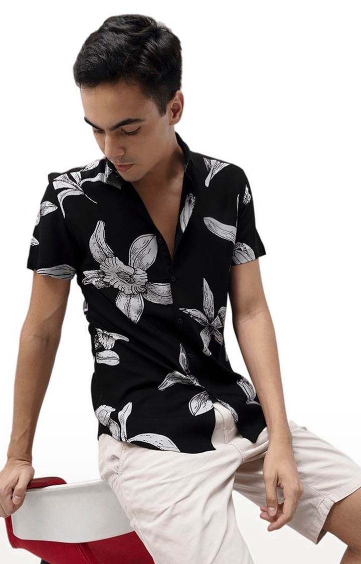 Men's Black Rayon Printed Casual Shirt