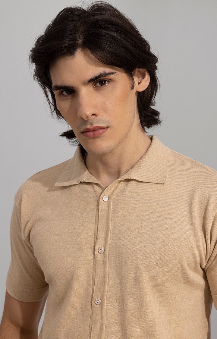 Men's Beige Cotton Solid Casual Shirt