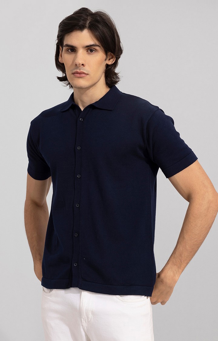 SNITCH | Men's Navy Blue Cotton Solid Casual Shirt 0