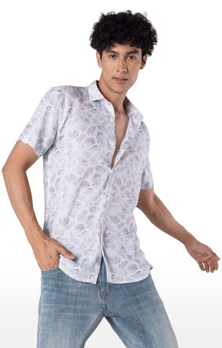 Men's Off White Linen Printed Casual Shirt