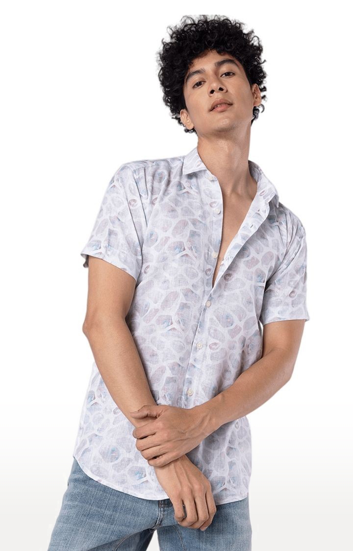 Men's Off White Linen Printed Casual Shirt