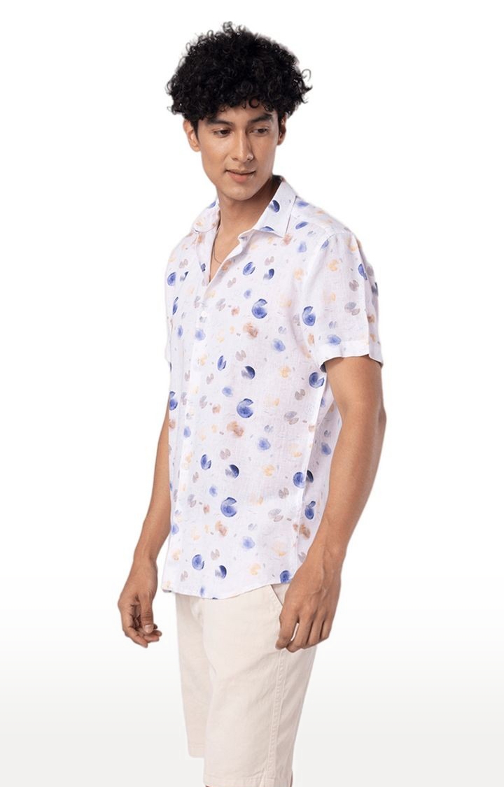 Men's White Linen Printed Casual Shirt